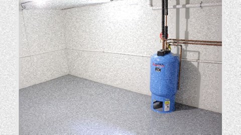 a blue extinguisher in the corner of a room