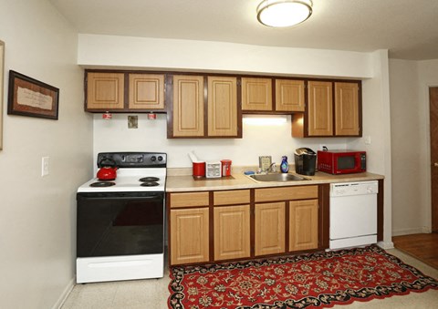 a small kitchen with a stove sink and refrigerator