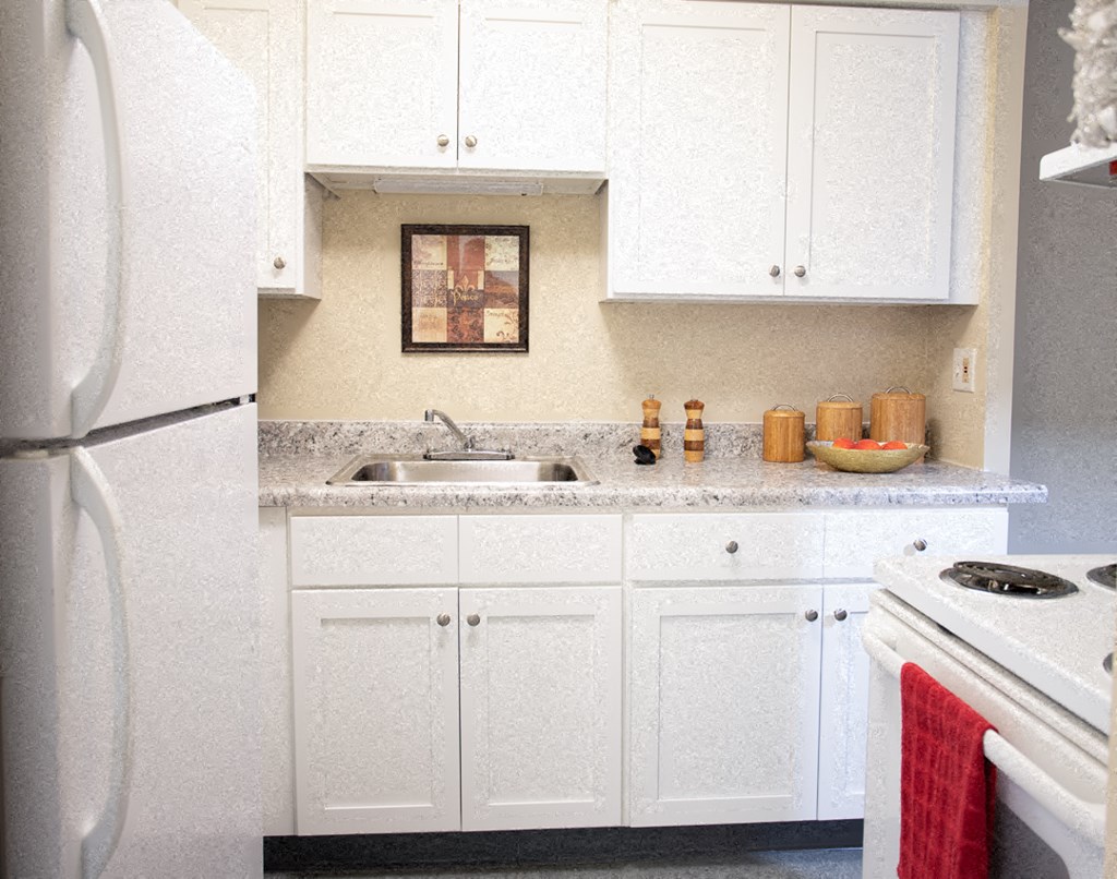 a kitchen with white cabinets and a sink and a refrigerator