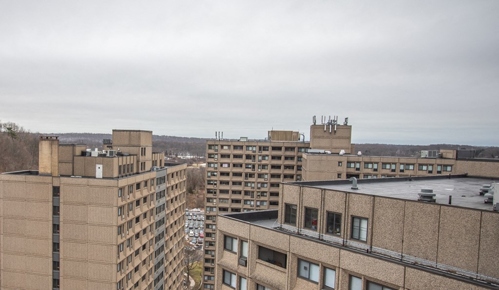 the view of the city from the roof of a building