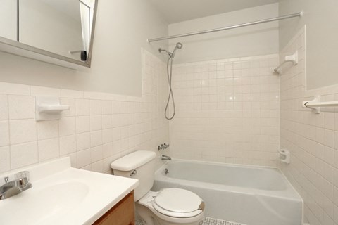 a bathroom with a sink toilet and a bath tub