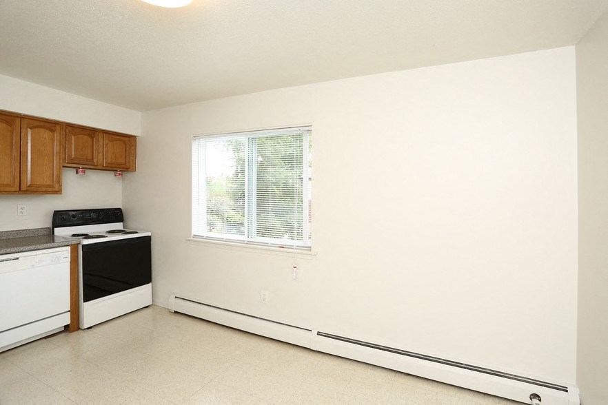 an empty kitchen with a stove and a window