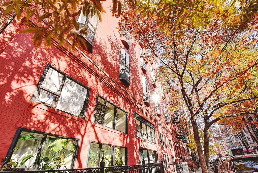 a red building with a tree in front of it