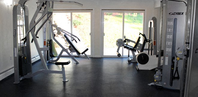 a gym with cardio equipment and windows in a building