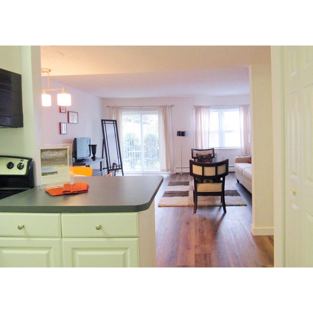 a view from the kitchen into the living room