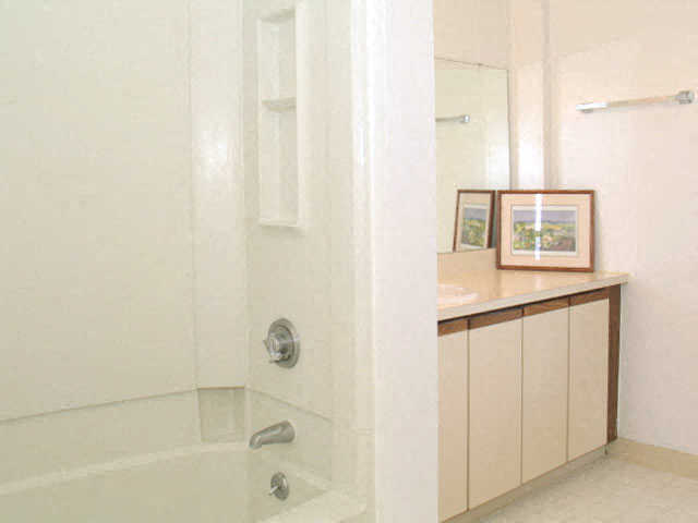 a bathroom with a shower and a sink and a mirror