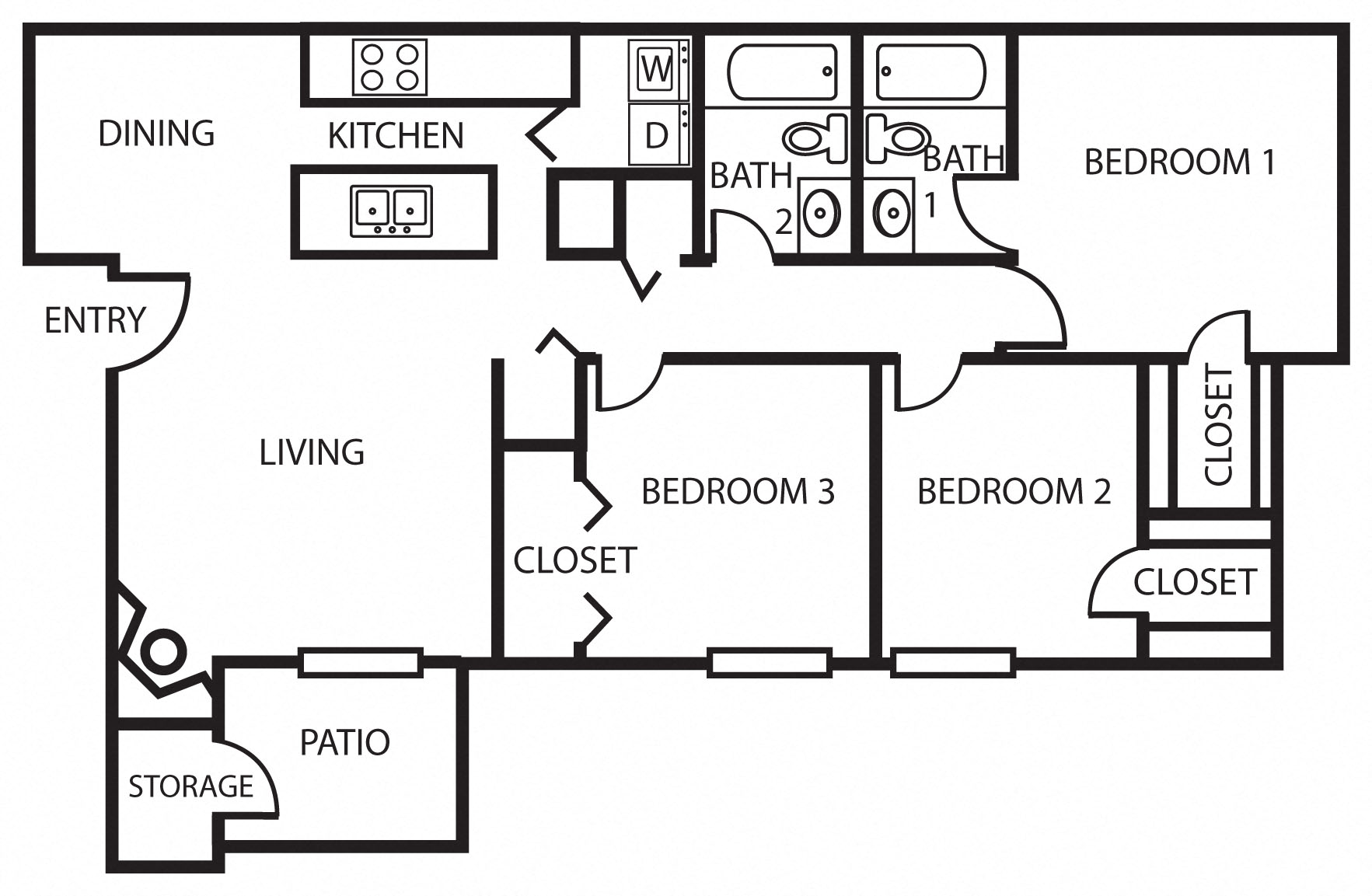 Enclave three bedroom, two bathroom 3A 2D floor plan