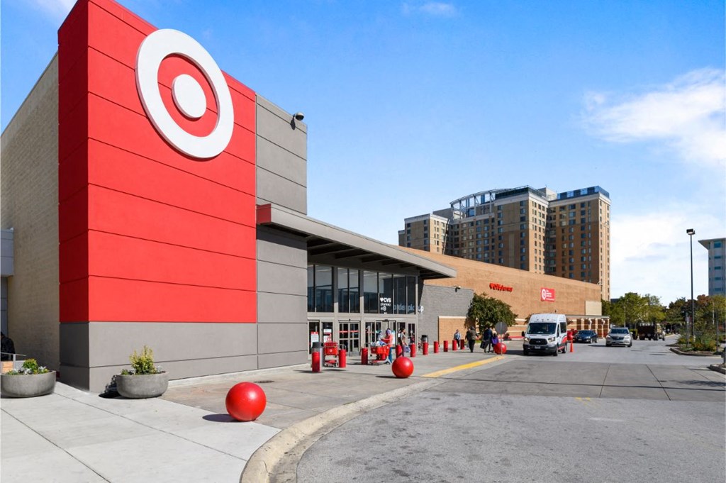 the exterior of a building with a target sign