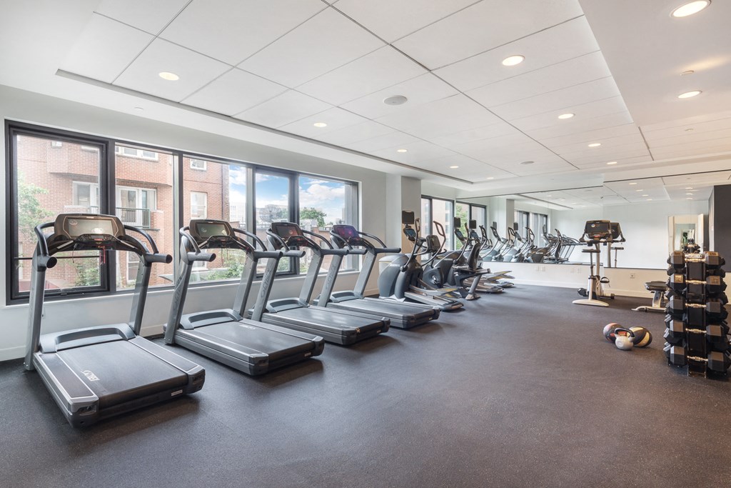 the gym with cardio equipment and windows at the belgard apartments