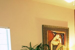 a bedroom with a bed and two lamps