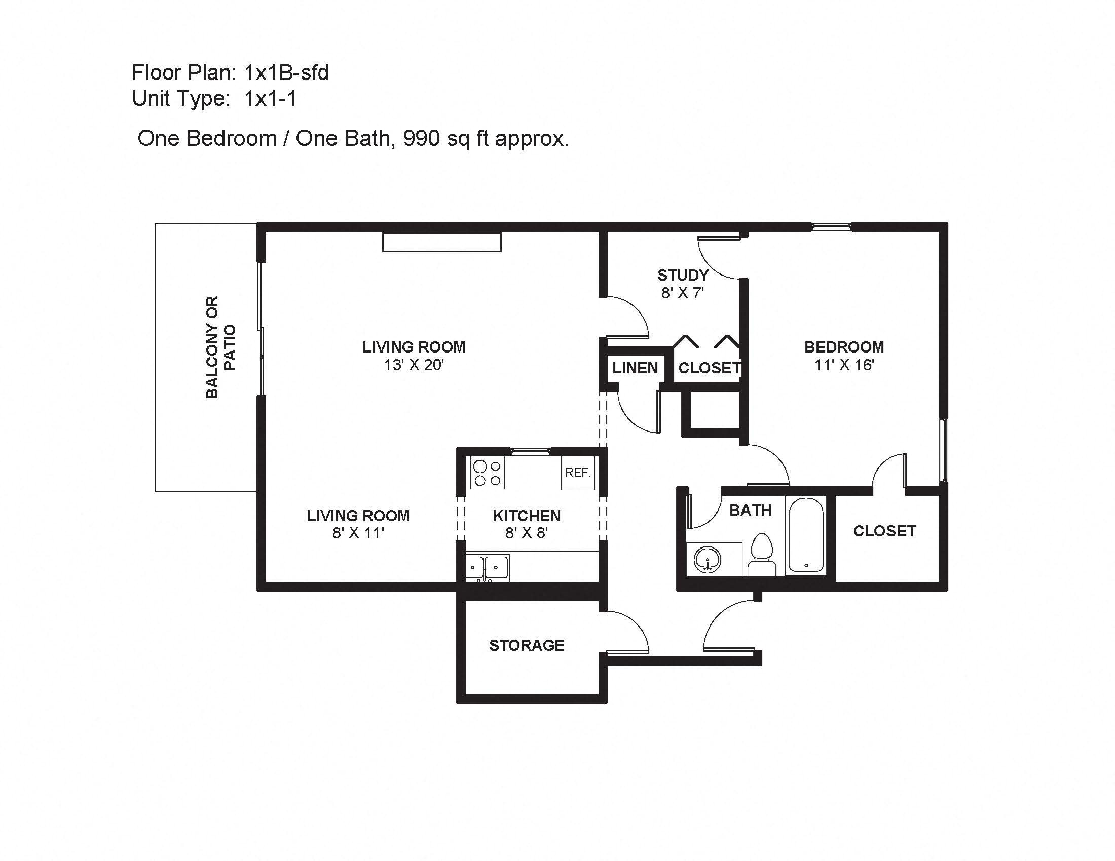 1x1B-sfd Floor Plan 3