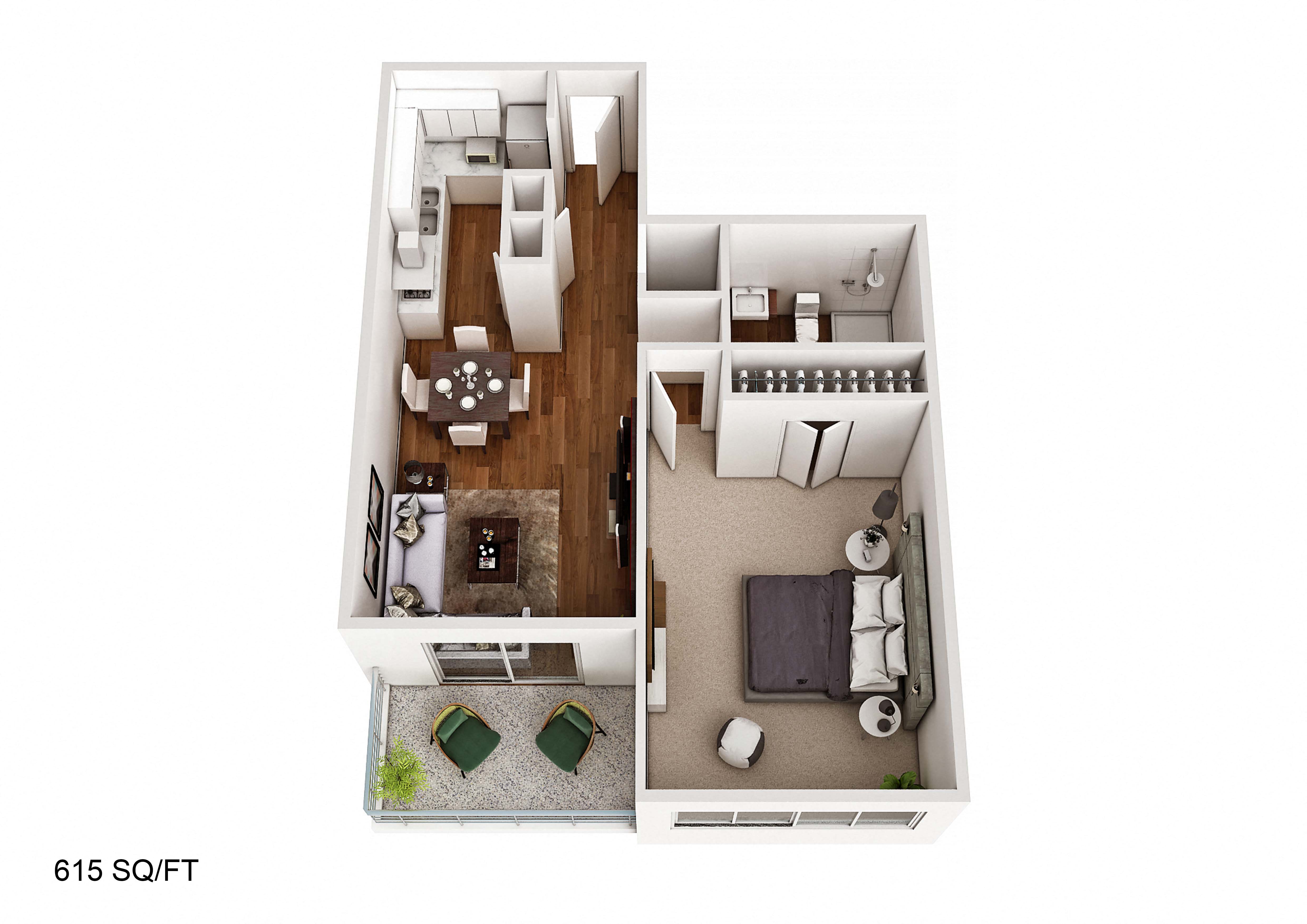1 Bedroom/1Bathroom Floor Plan at CityView on Meridian, Indianapolis, Indiana