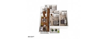 2 Bedroom/1BathroomA  Floor Plan at CityView on Meridian, Indianapolis, IN, 46208