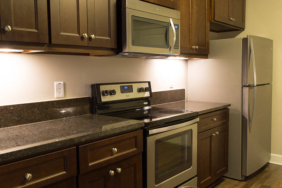 modern kitchen with stainless steel appliances