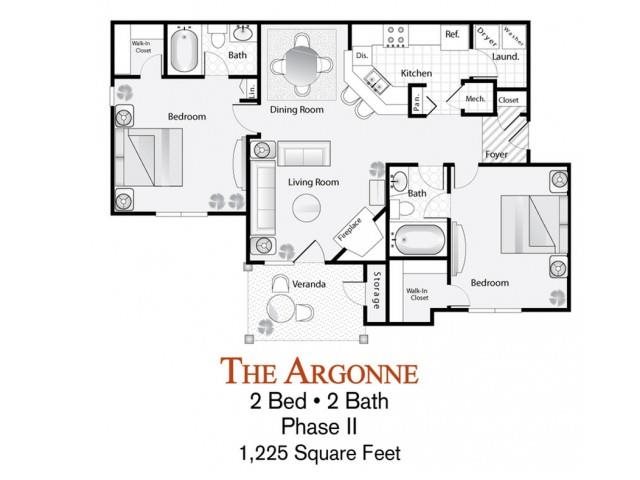 Argonne floor plan The 2-bed, 2-bath Argonne floor plan is 1225 sq. ft. at Lakeside at Arbor Place apartments in Douglasville, GA