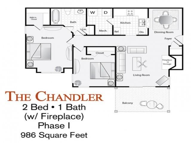 Chandler floor plan The 2-bed, 1-bath Chandler floor plan (with fireplace) is 986 sq. ft. at Lakeside at Arbor Place apartments in Douglasville, GA