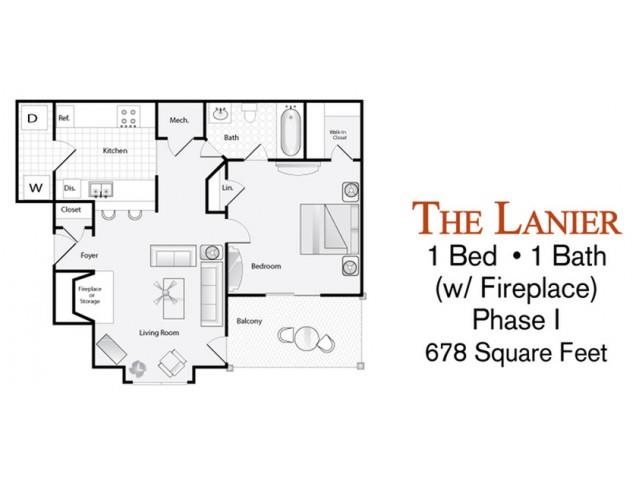 Lanier floor plan The 1-bed, 1-bath Lanier floor plan (with fireplace) is 678 sq. ft. at Lakeside at Arbor Place apartments in Douglasville, GA