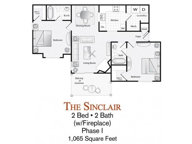 Sinclair floor plan 2-bed, 2-bath Sinclair floor plan (with fireplace) is 1,065 sq. ft. at Lakeside at Arbor Place apartments in Douglasville, GA