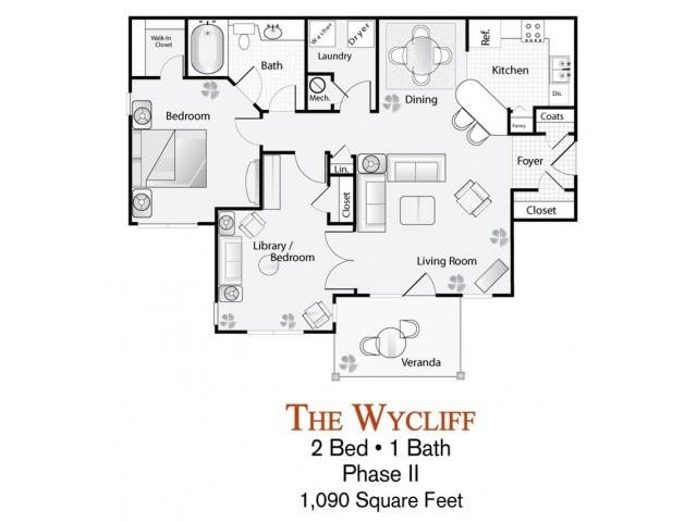 Wycliff floor plan The 2-bed, 1-bath Wycliff floor plan is 1090 sq. ft. at Lakeside at Arbor Place apartments in Douglasville, GA