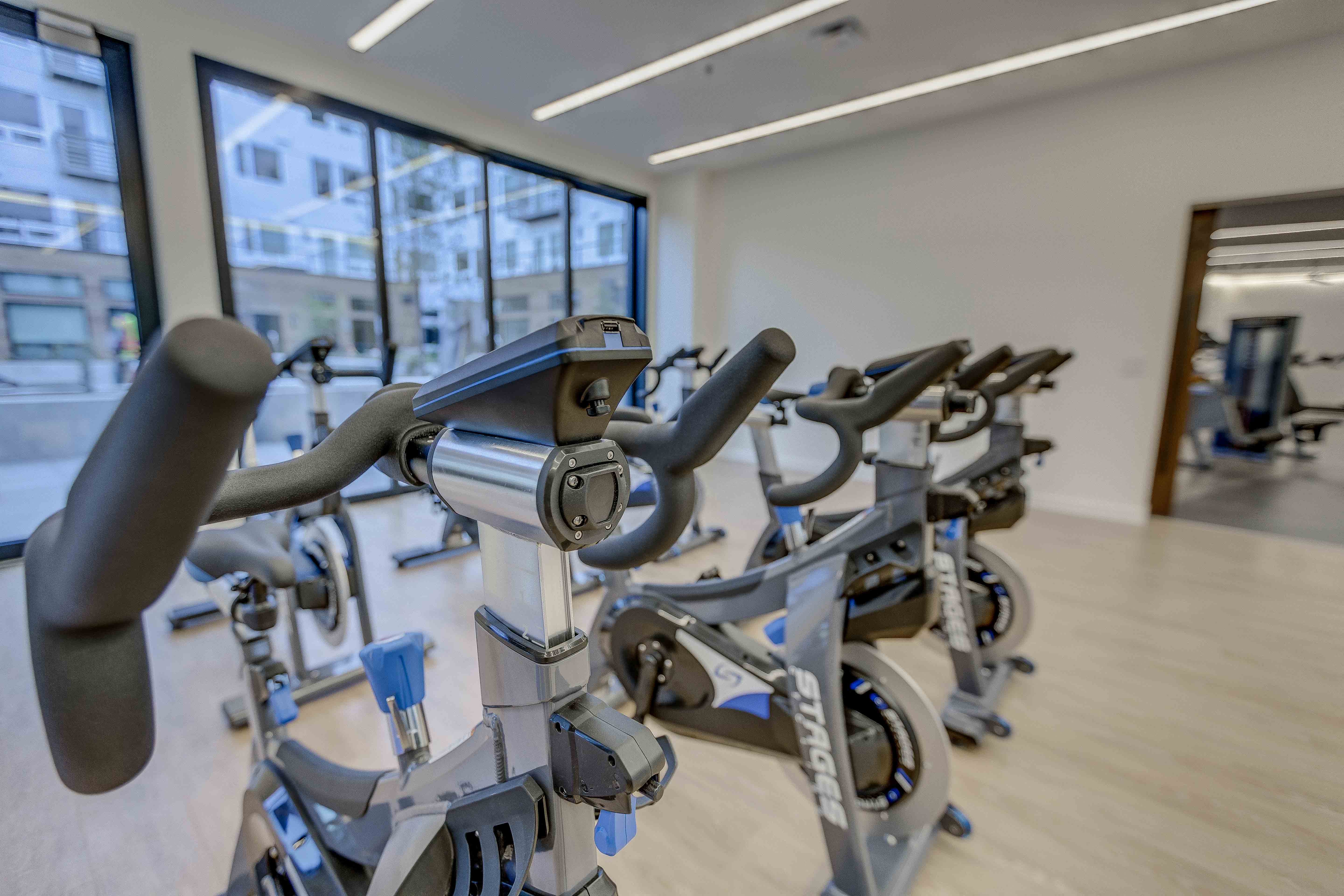 a row of exercise bikes in a gym