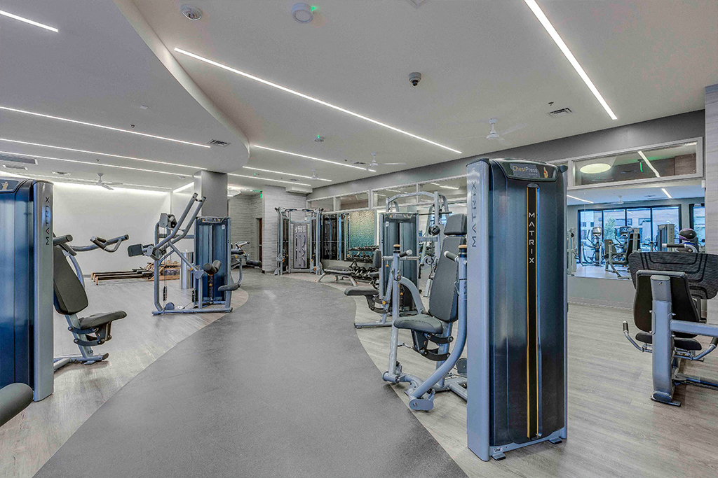 a gym with weights and cardio equipment in aria on the avenue condos