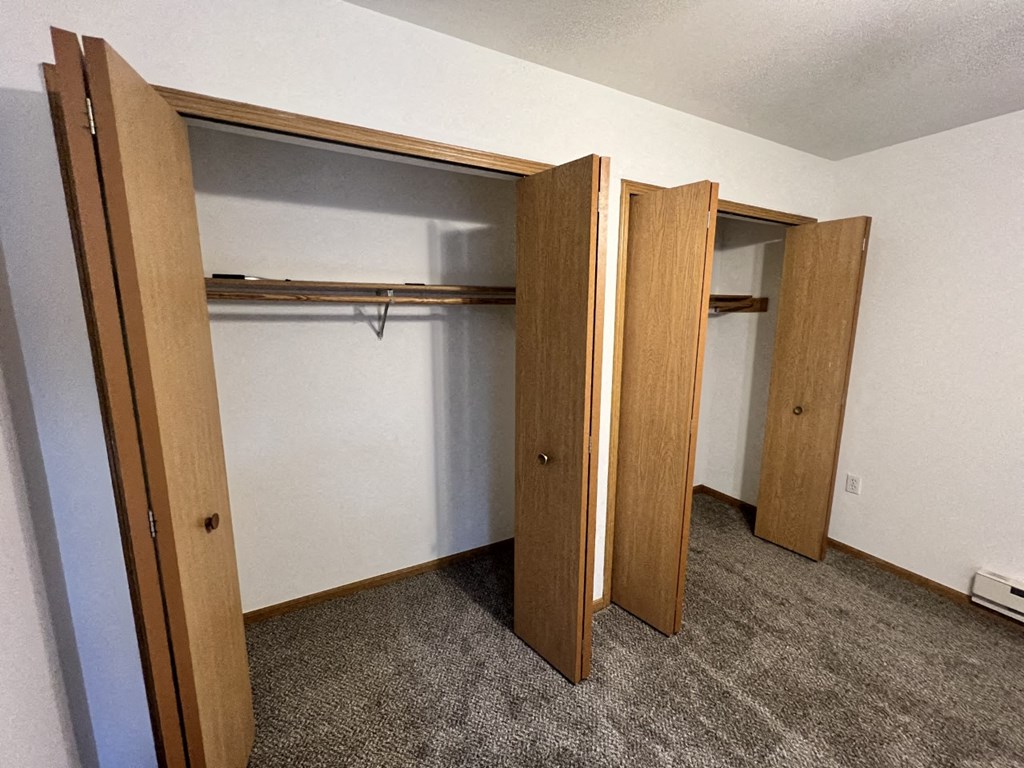 A room with a closet and a carpet.