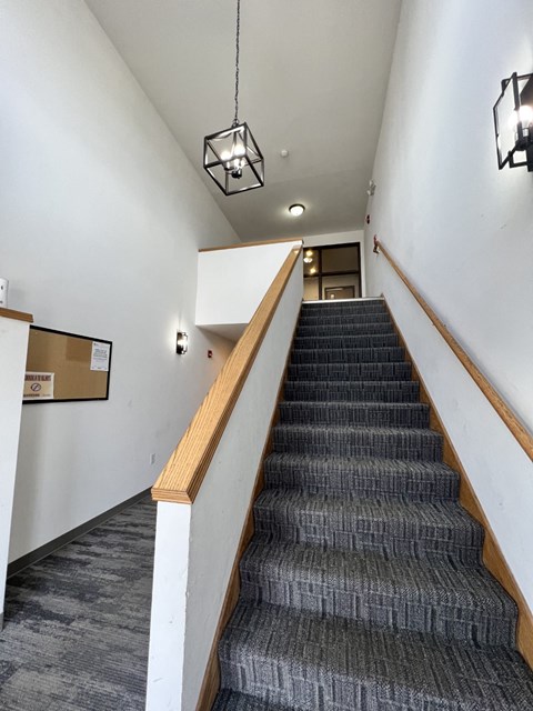 a staircase in a building with a carpeted floor and two hanging lights
