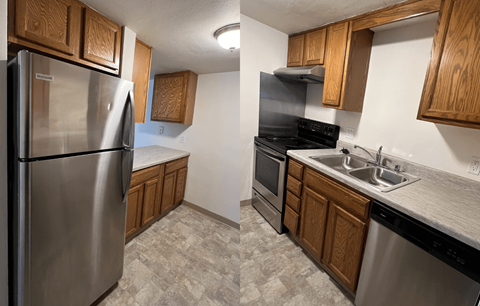 two pictures of a kitchen with stainless steel appliances and wooden cabinets