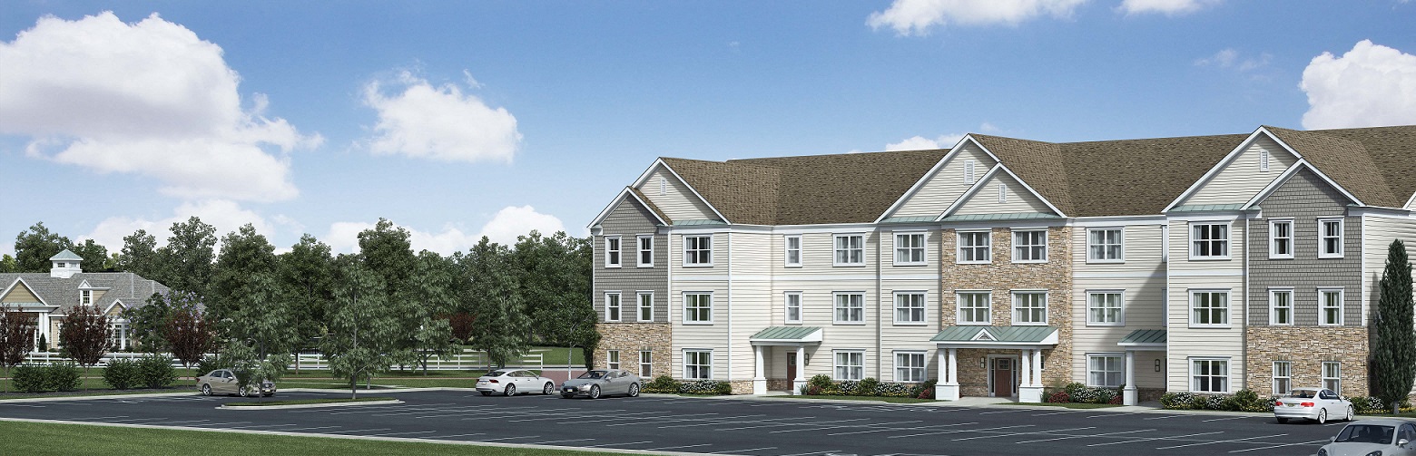 a rendering of a three story apartment building with cars in a parking lot