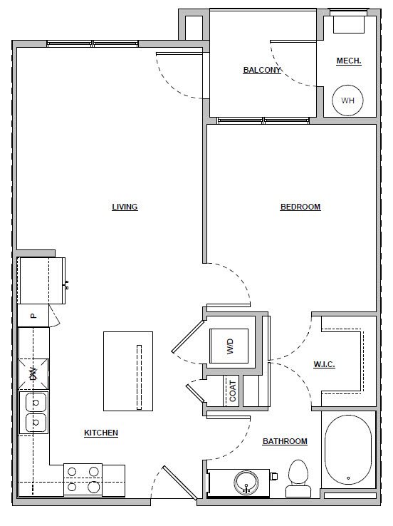 1 Bed 1 Bath | 662 sq ft | Unit A2 1 bedroom 1 bath 662 sq ft Unit A2 floor plan layout at Altitude 970 apartments in Kansas City, MO