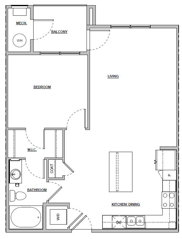 1 Bed 1 Bath | 757 sq ft | Unit A3 1 bedroom 1 bath 757 sq ft Unit A3 floor plan layout at Altitude 970 apartments in Kansas City, MO