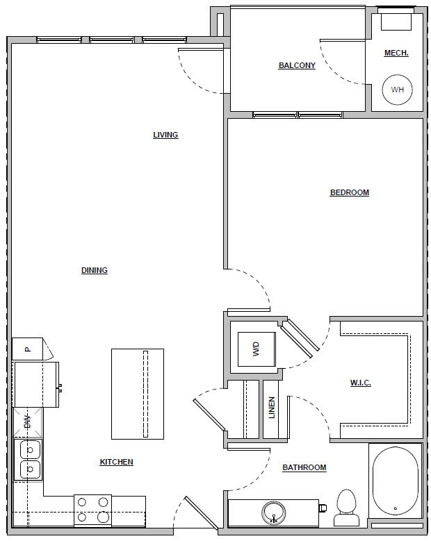 1 Bed 1 Bath | 858 sq ft | Unit A4 1 bedroom 1 bath 858 sq ft Unit A4 floor plan layout at Altitude 970 apartments in Kansas City, MO