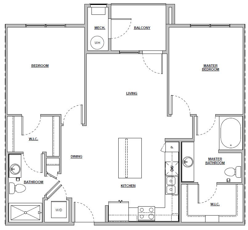 2 Bed 2 Bath | 1033 sq ft | Unit B1 2 bedroom 2 bath 1033 sq ft Unit B1 floor plan layout at Altitude 970 apartments in Kansas City, MO