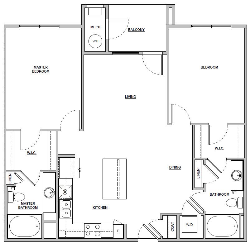 2 Bed 2 Bath | 1107 sq ft | Unit B2 2 bedroom 2 bath 1107 sq ft Unit B2 floor plan layout at Altitude 970 apartments in Kansas City, MO