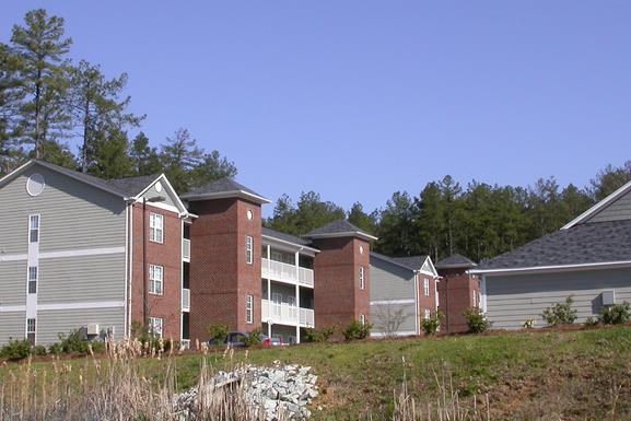 a row of houses with trees in the background