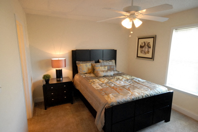 a bedroom with a bed and a ceiling fan