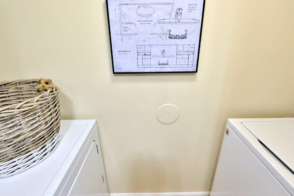 a washer and dryer in a laundry room with a picture on the wall