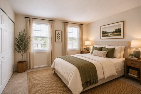 A bedroom with a large bed and a potted plant.