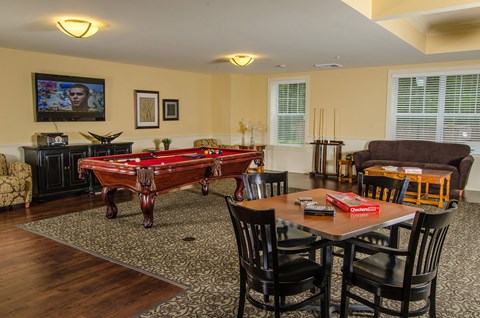 a living room with a pool table and a tv