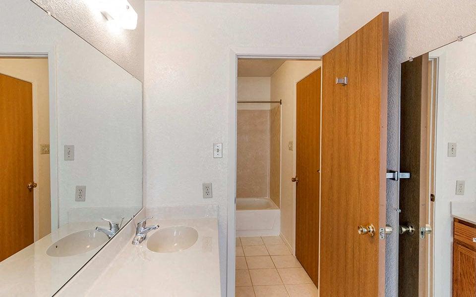 a bathroom with a sink and a mirror