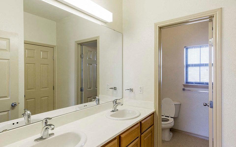 a bathroom with two sinks and a large mirror