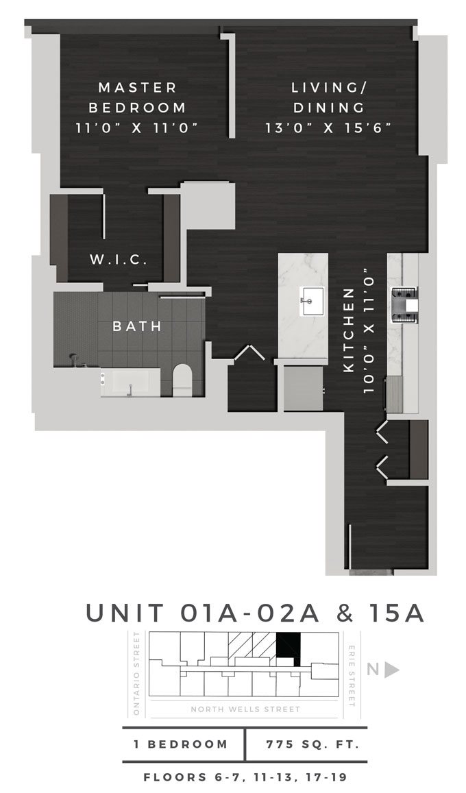 One Bedroom 01A + 02A + 15A Floor Plan 5