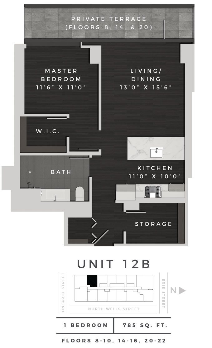 One Bedroom 12B Floor Plan 9