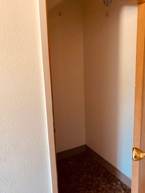 an empty room with a door open to a small closet