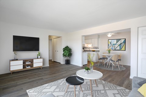 A modern living room with a white coffee table and a black and white rug.