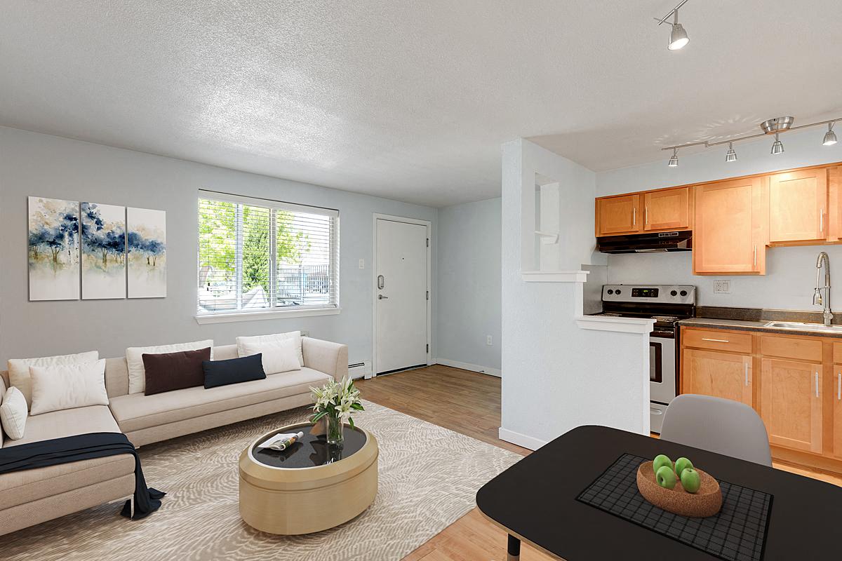 a living room with a couch and a table