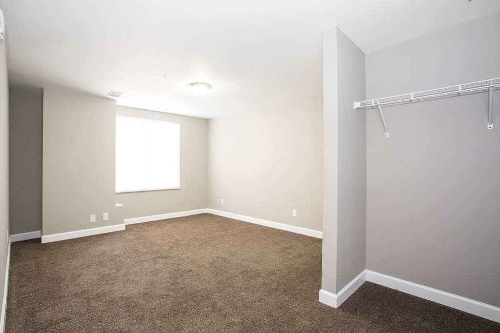 an empty room with carpet and a closet