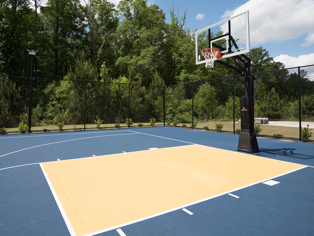a basketball court with a basketball hoop on top of it