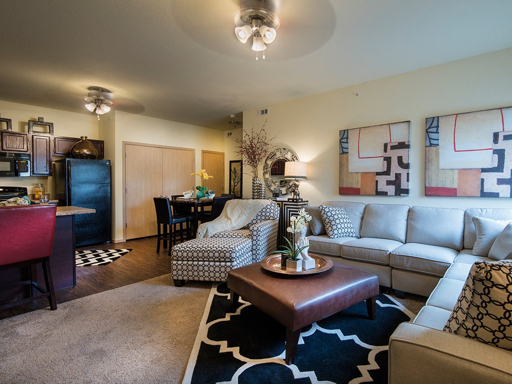 a living room with a couch and a table