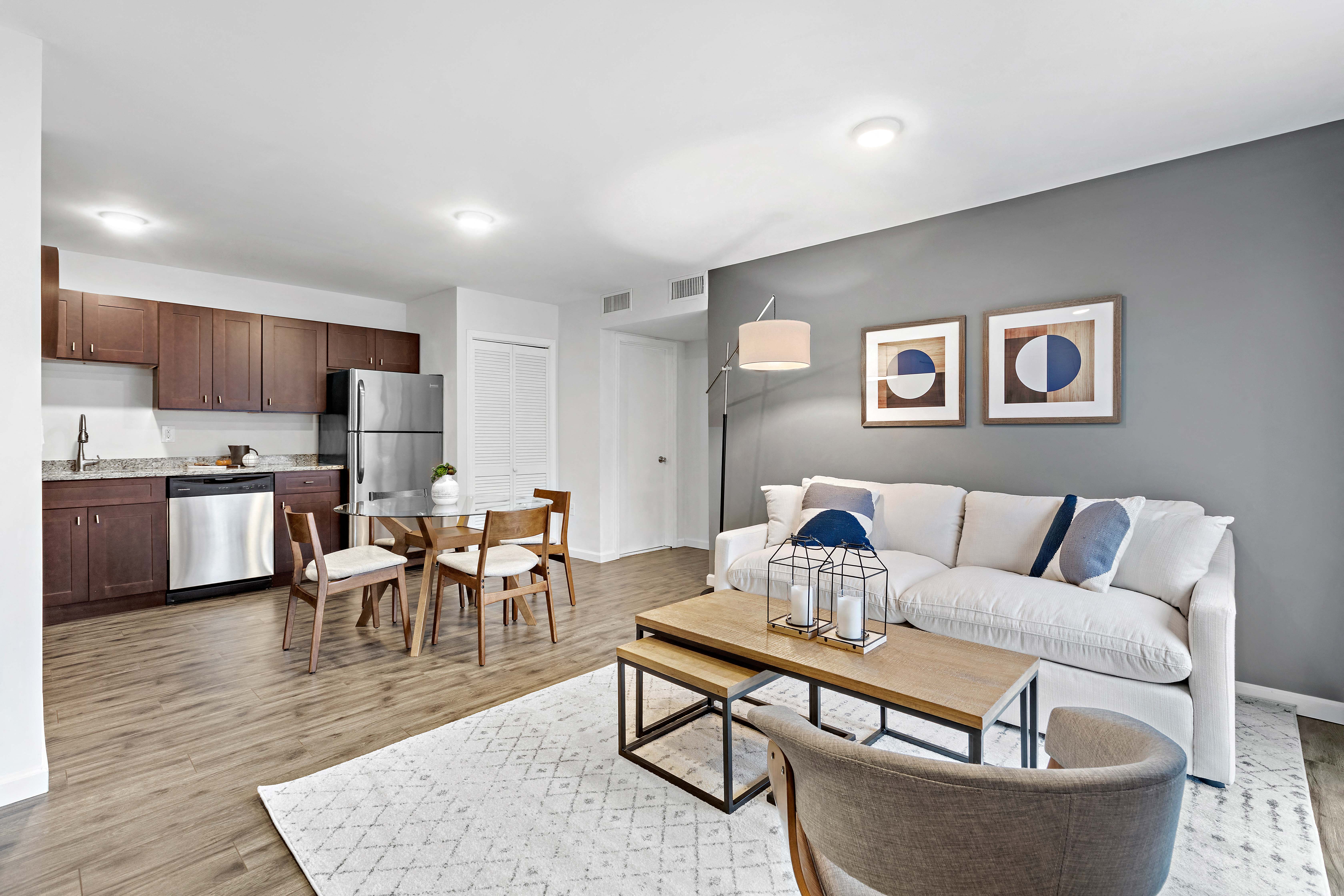 a living room with a couch and a table